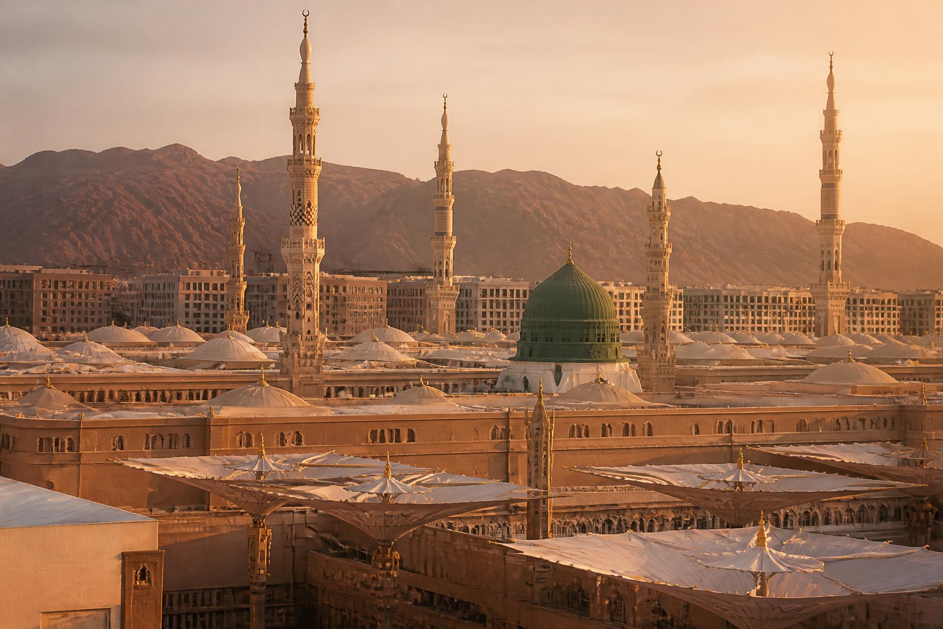 Masjid an-Nabawi in Madinah, Saudi Arabia at golden hour